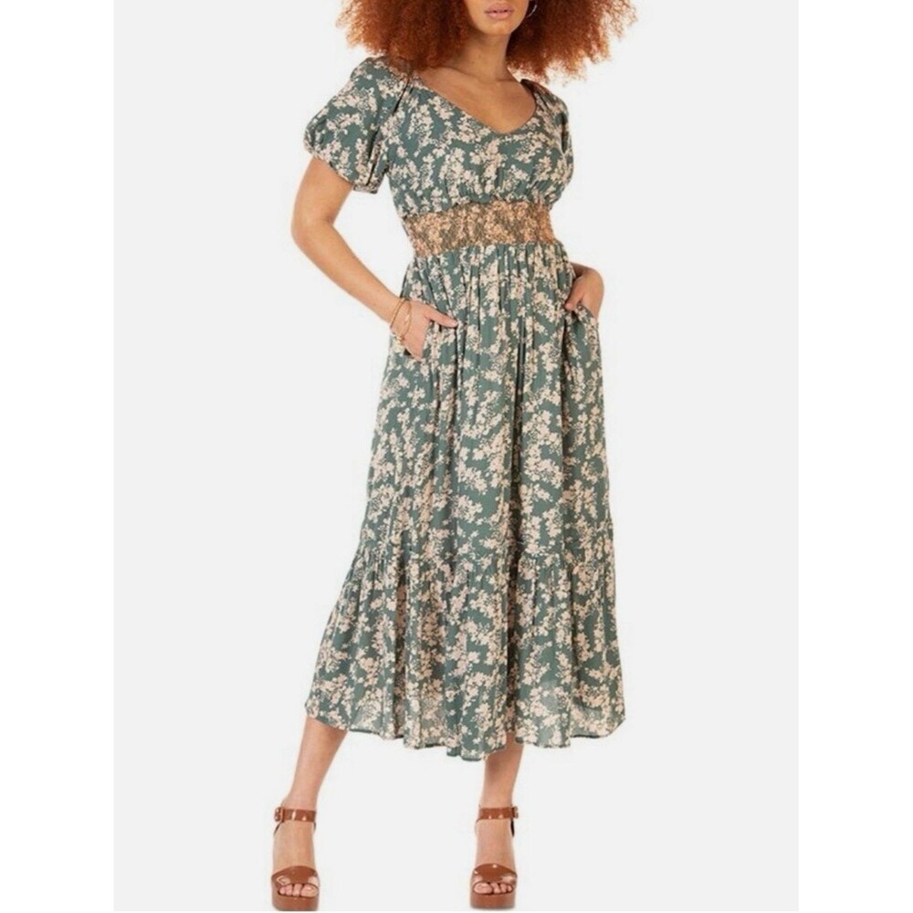 NWT Black Tape Floral Smocked Midi Dress Puff Sleeve Teal Cream Size X